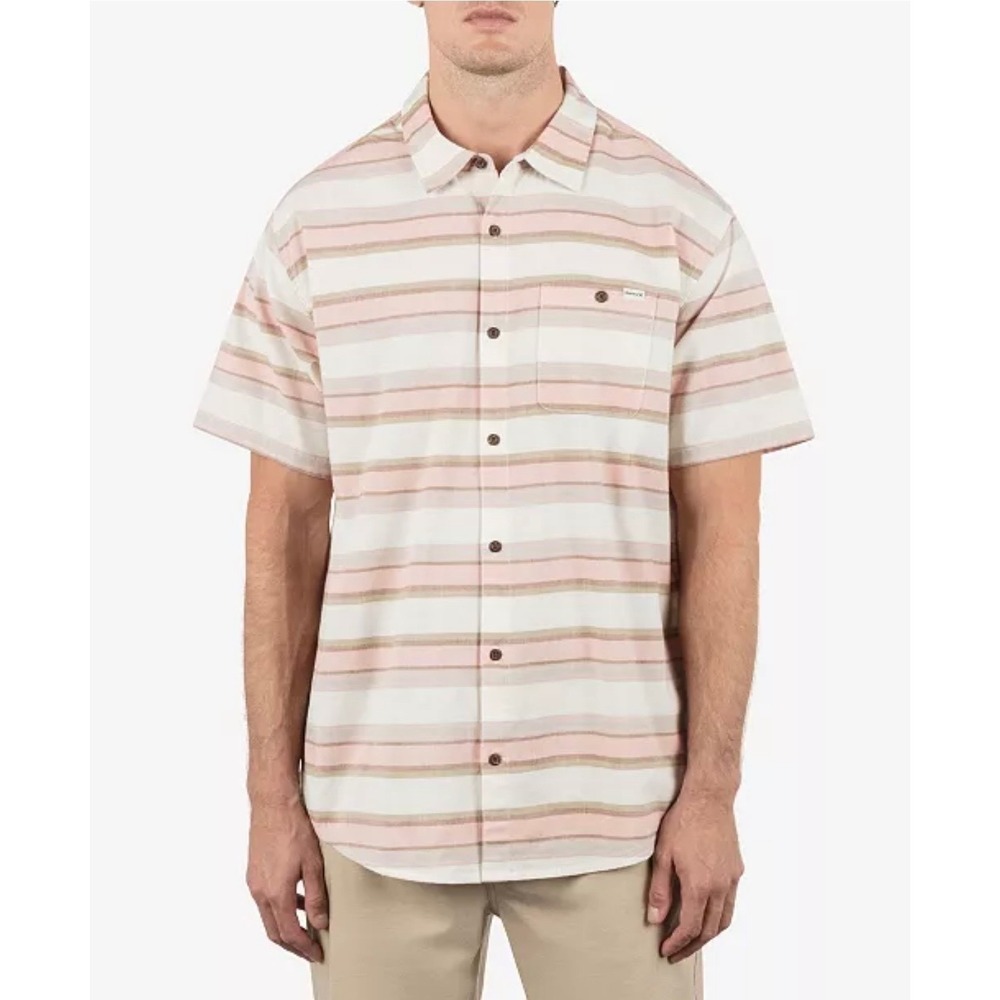 Hurley Mens OAO Lido Stripe Short Sleeve Button Up Shirt Pink XL New Vacation